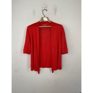 Eileen Fisher Red 100% Linen Open Front Short Sleeve Cardigan Sweater Small S